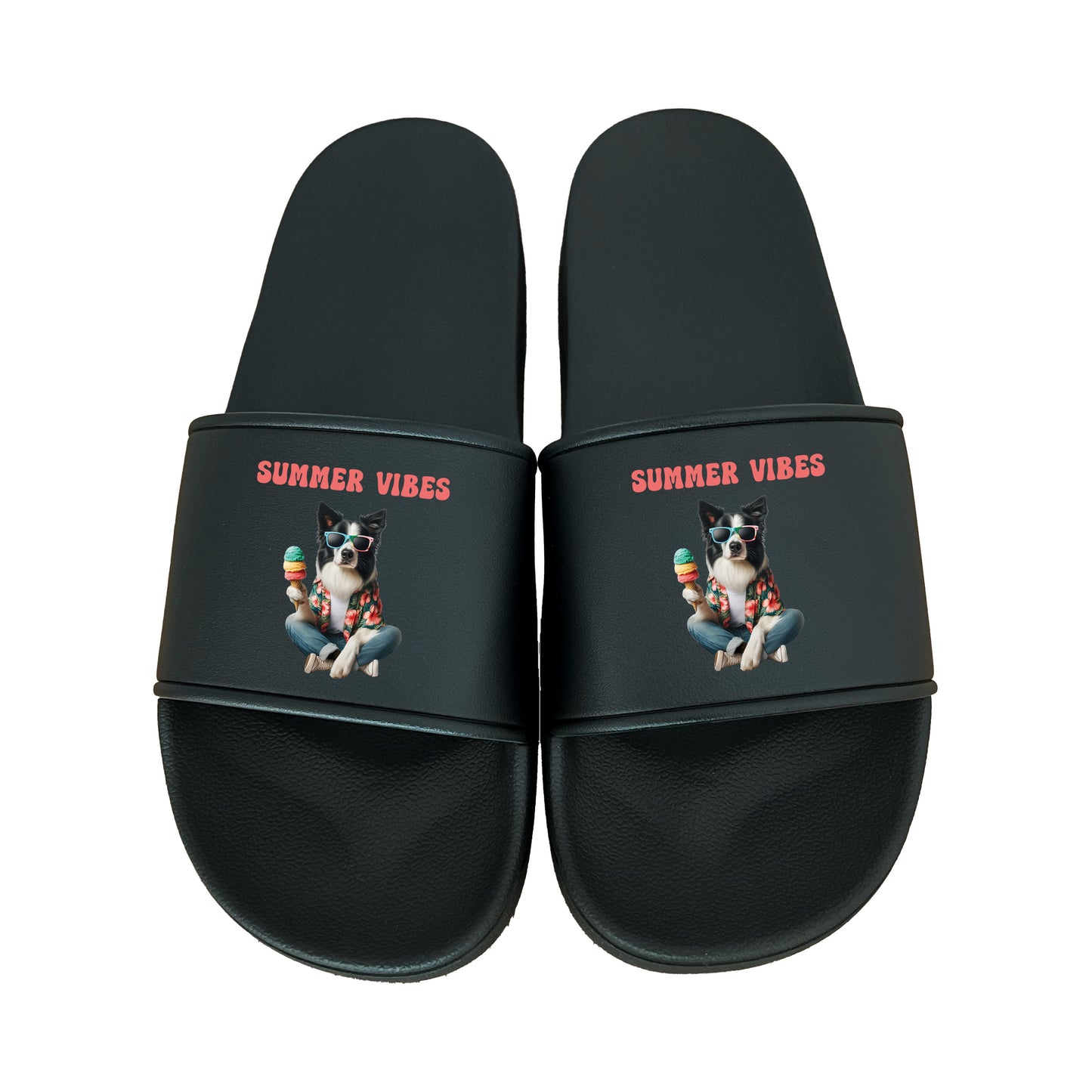 Schwarze Badelatschen mit Border Collie im Hawaiihemd, Sonnenbrille & Eis – Summer Vibes Print. Sommerlich und stylisch, perfekt für Border Collie Liebhaber