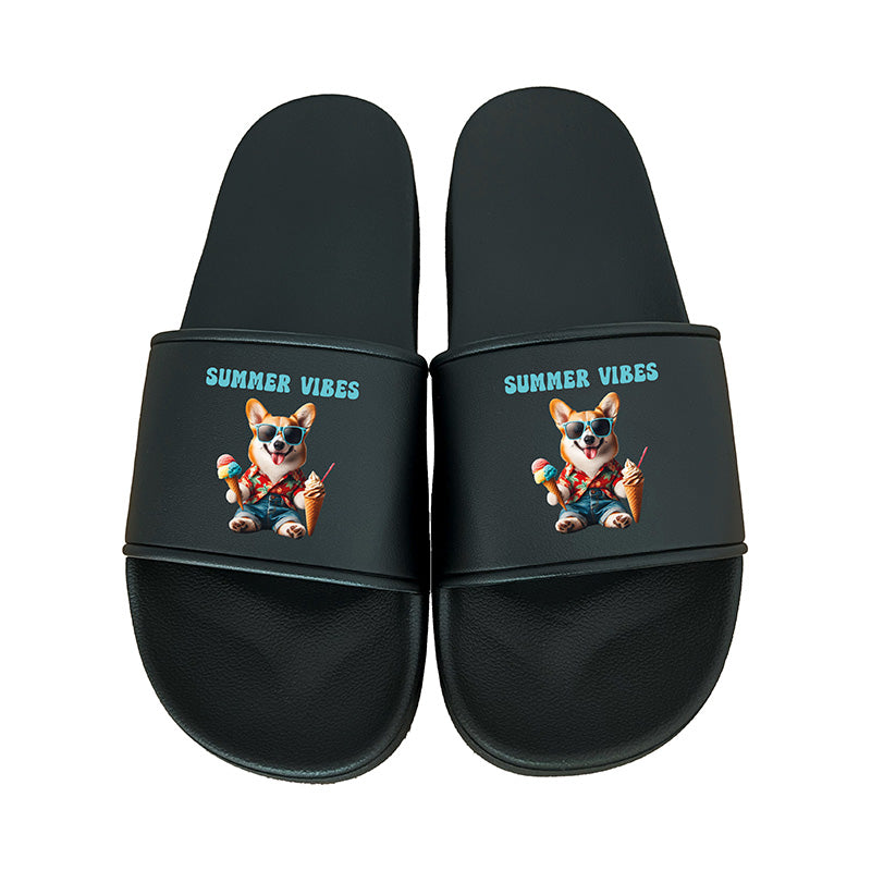 Schwarze Badelatschen mit Corgi-Motiv im Hawaii-Hemd und Eis, „Summer Vibes“-Aufdruck – stylische Sommerschuhe für Damen und Herren
