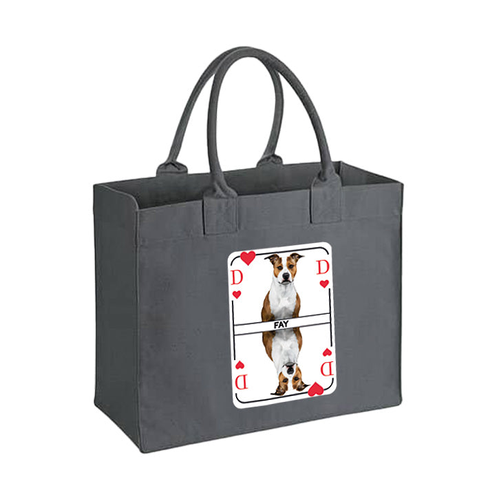 Graue Canvas Bag personalisierbar mit eigenem Hundebild – Herzdame Spielkarten Design