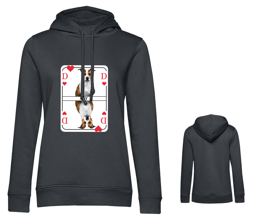 Personalisierbarer dunkelgrauer Damen Hoodie. Hund als Herzdame Spielkarten Motiv auf der Brust.
