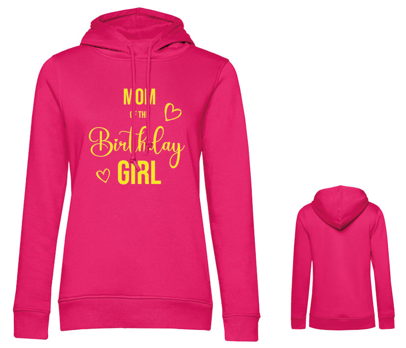 Front- und Rückenansicht: Pinker Damen-Hoodie mit Mom of the Birthday Girl Aufdruck, Statement-Pullover für Hundemamas