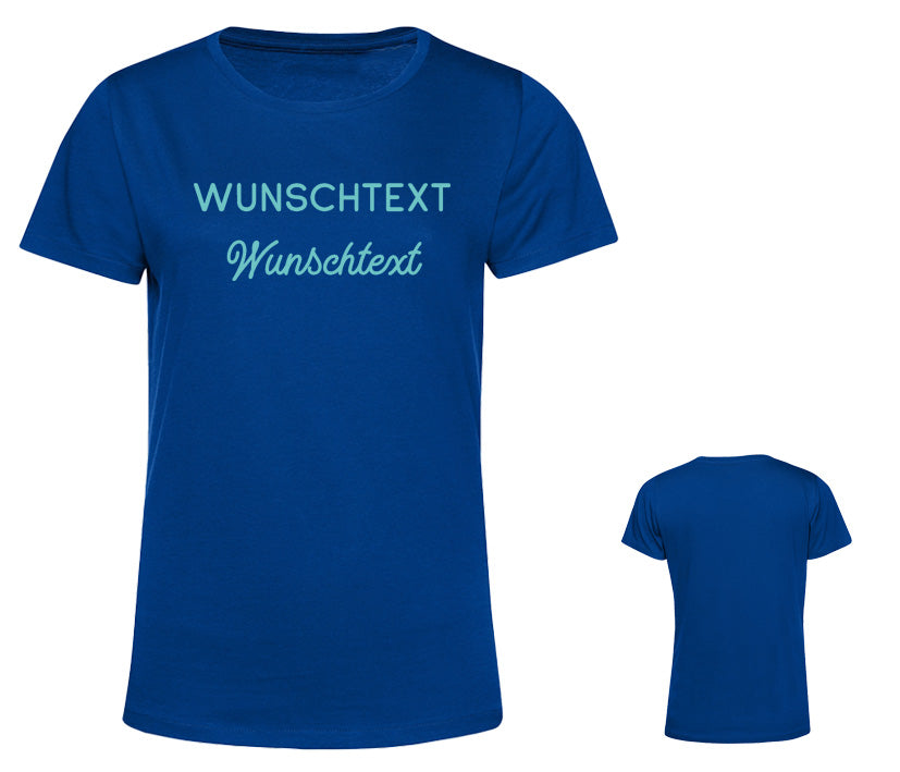 Blaues Frauen T-Shirt mit personalisierbarem Schriftzug optional in Glitzeroptik, individuell gestaltbar mit eigener Schriftart und Farbe, aus 100 % Baumwolle.