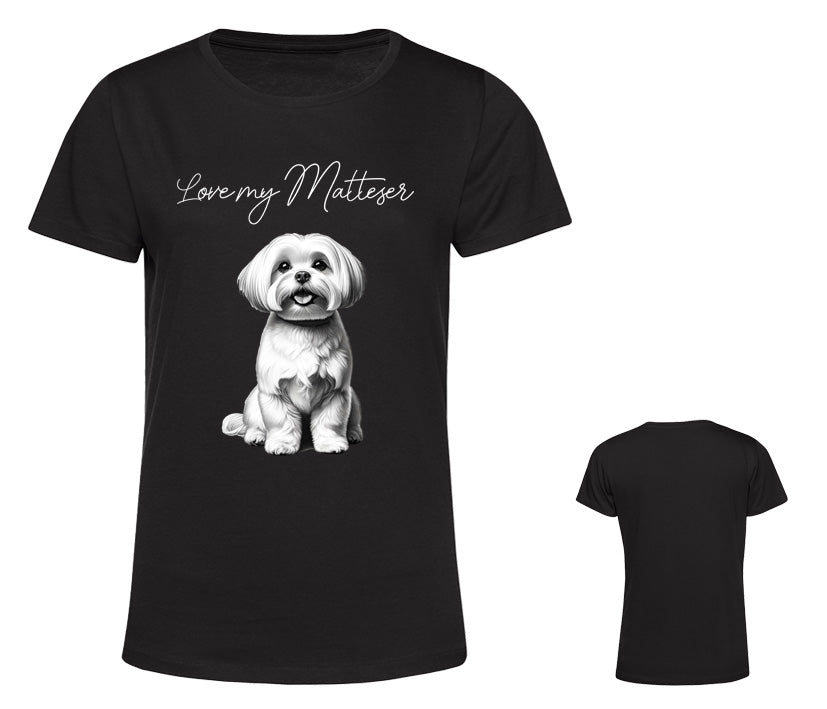 Schwarzes T-Shirt für Damen mit Malteser-Motiv und „Love my Malteser“-Aufdruck – femininer Schnitt, mit Glitzer-Option für Hundefans.