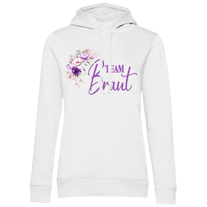 weißer Frauen Hoodie mit floralem TEAM Braut Print in lila - JGA Kapuzenpullover - Perfekt für Junggesellinnenabschied und Hochzeitsvorbereitungen- passend zu Die Braut Hoodie