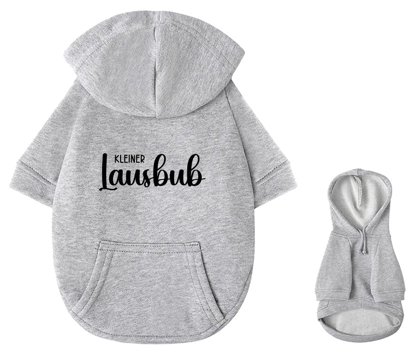 Hundemode-Hoodie in Grau: Anpassbarer kleiner Lausbub Print aus 100% Baumwolle
