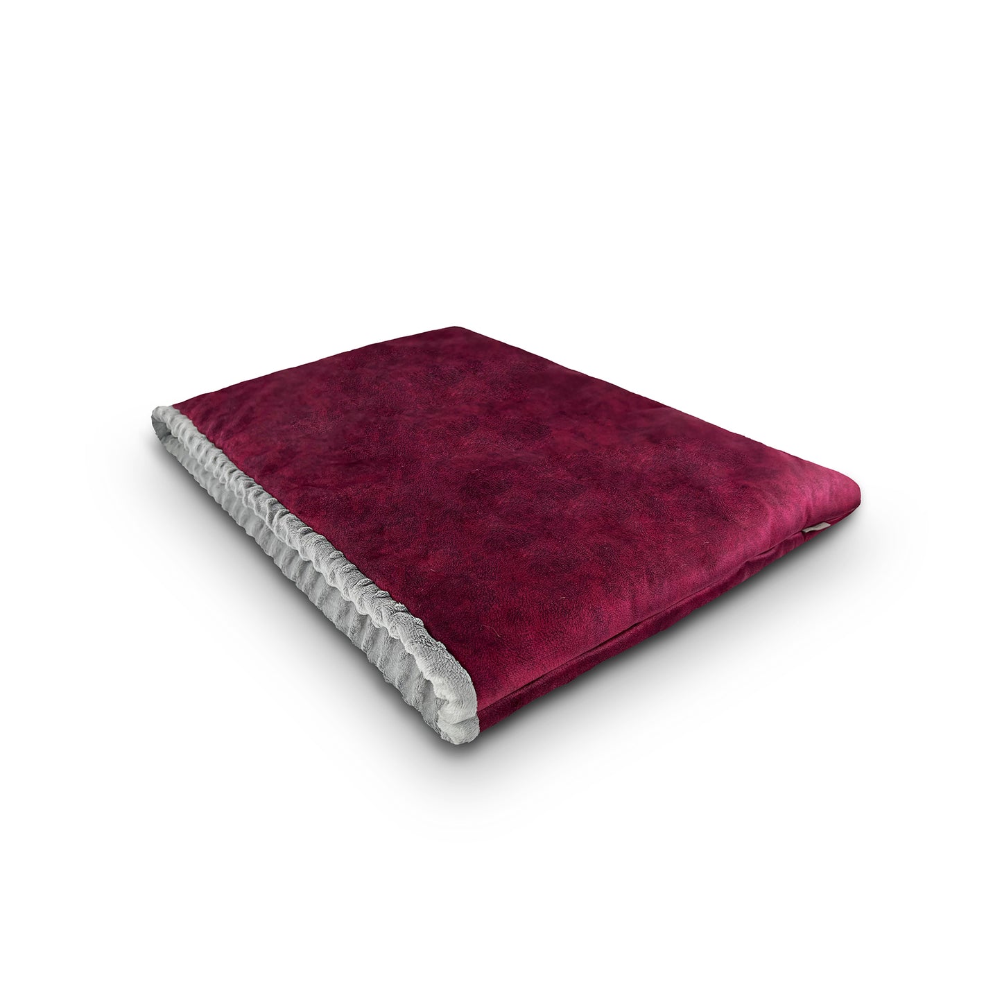 Produktbild Kuschelsack: Außen in dunklem rot aus Wildleder-Imitat, innen in hellgrau aus superweichem Polyester-Kuschelstoff – ideal für maximalen Komfort.