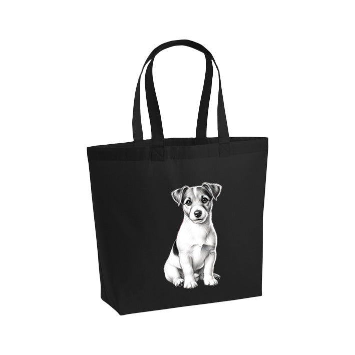 Schwarze Baumwolltasche mit gedrucker Bleistiftzeichnung eines Jack Russels – perfektes Geschenk für eine Hundemama.