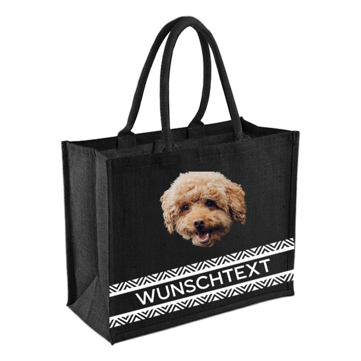 Schwarze Jute-Tasche mit personalisierbarem Hundeportrait und Wunschtext
