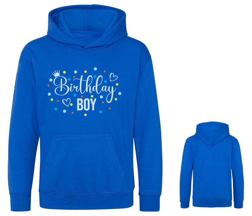 blauer Kinder Hoodie mit Birthday Boy Aufdruck in hellblau - Vorder- und Rückdruck - Geburtstags-Kollektion im Partnerlook für die ganze Familie plus Hund