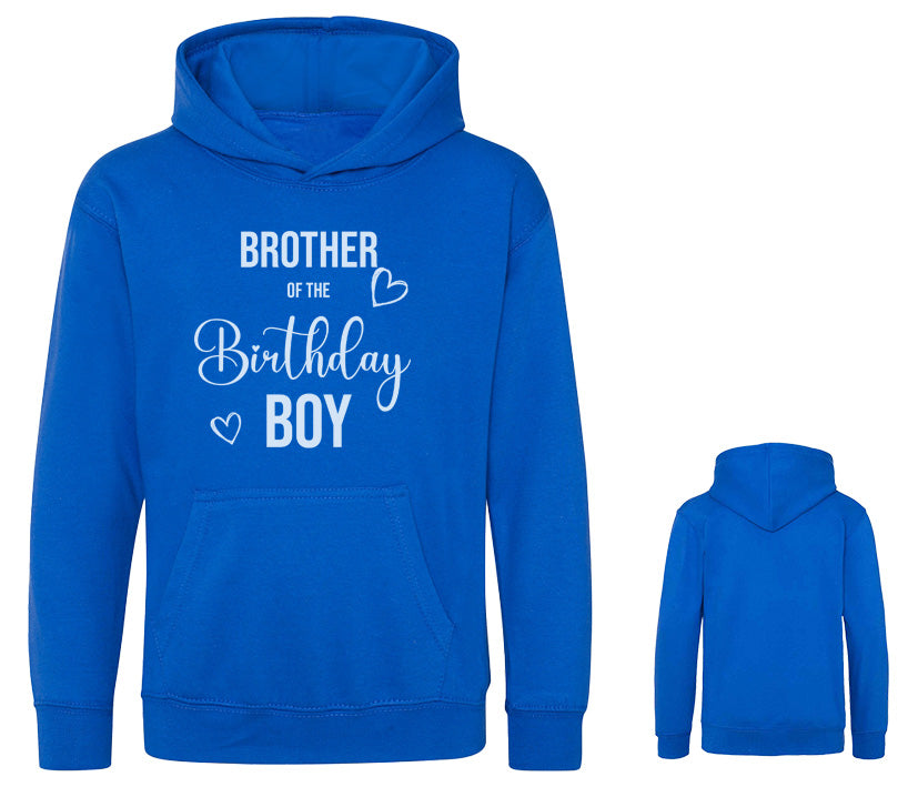 blauer Kinder Kapuzenpullover, Brust- und Rückansicht, Statement Brother of the birthday boy in hellblau - Matching Dog Birthday Collection