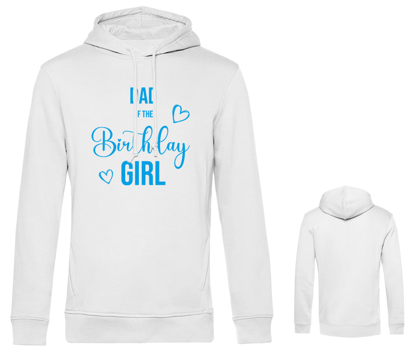 Family Partnerlook Hoodie für Männer in weiß - blauer Dad of the birthday girl Aufdruck, erhältlich als komplettes Familienset mit Hunde-Hoodie für Geburtstagsfeierlichkeiten. Brust- und Rückenansicht