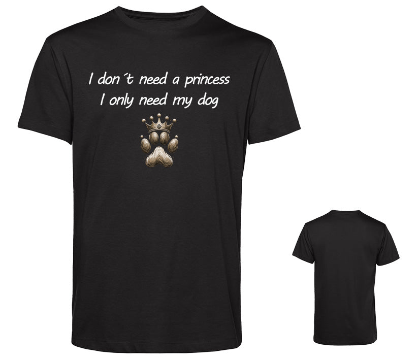 Schwarzes Männer T-Shirt mit Hunde-Spruch und Pfote mit Krone, wählbare Schrift- und Motivfarbe – perfektes Statement für Hundeliebhaber.