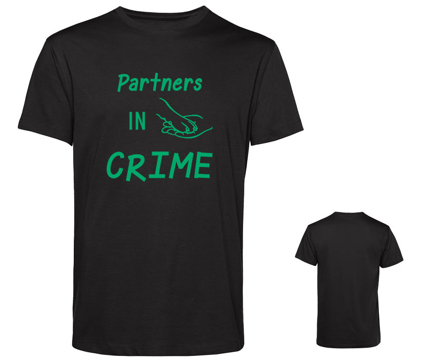 Herren T-Shirt in schwarz aus Baumwolle mit „Partners in Crime“-Aufdruck und Hand-mit-Pfote-Motiv in Grün – perfekt für Hundepapas als Geschenkidee