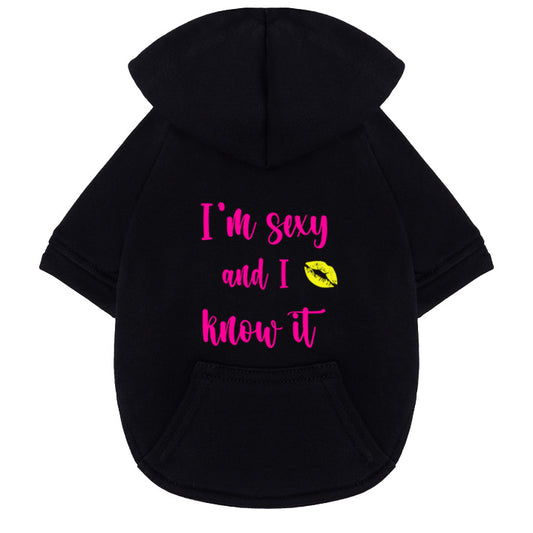Schwarzer Hunde Hoodie aus Baumwolle mit Aufdruck I´m sexy and I know it in knallpink, bequem, stylisch und perfekt für deinen Vierbeiner. 