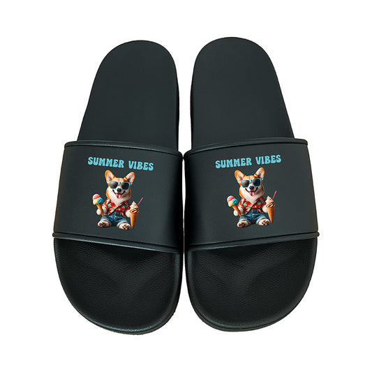 Schwarze Badelatschen mit Corgi-Motiv im Hawaii-Hemd und Eis, „Summer Vibes“-Aufdruck – stylische Sommerschuhe für Damen und Herren