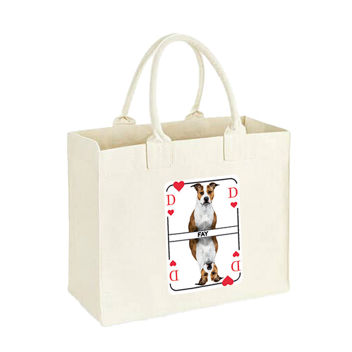 Personalisierbare Canvas Bag in beige mit Herzdame Spielkarten Motiv. Das  Hundebild ist personalisierbar – robuste Tasche für Hundemamas.