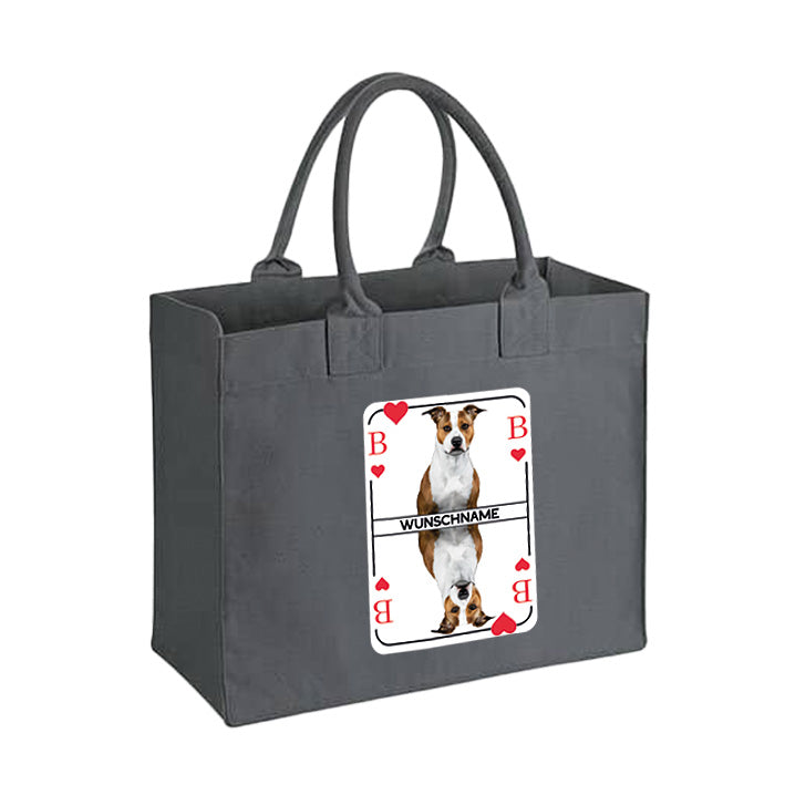 Graue Canvas Bag im Herzbube-Design, die sich mit einem persönlichen Hundebild und Namen gestalten lässt und so zu einem einzigartigen Alltagsbegleiter wird.