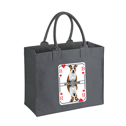 Graue Canvas Bag im Herzbube-Design, die sich mit einem persönlichen Hundebild und Namen gestalten lässt und so zu einem einzigartigen Alltagsbegleiter wird.