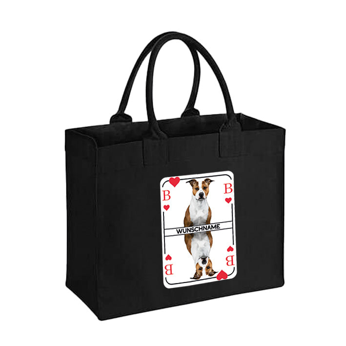 Schwarze Canvas Bag mit Herzbube-Spielkarte, die individuell mit dem Foto des eigenen Hundes personalisiert werden kann – eine stylische und praktische Tasche für Hundemamas.