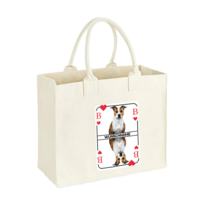 Beige Canvas Bag mit Herzbube-Motiv, individuell mit dem Foto des eigenen Hundes bedruckt – das perfekte Accessoire für Hundeliebhaberinnen.