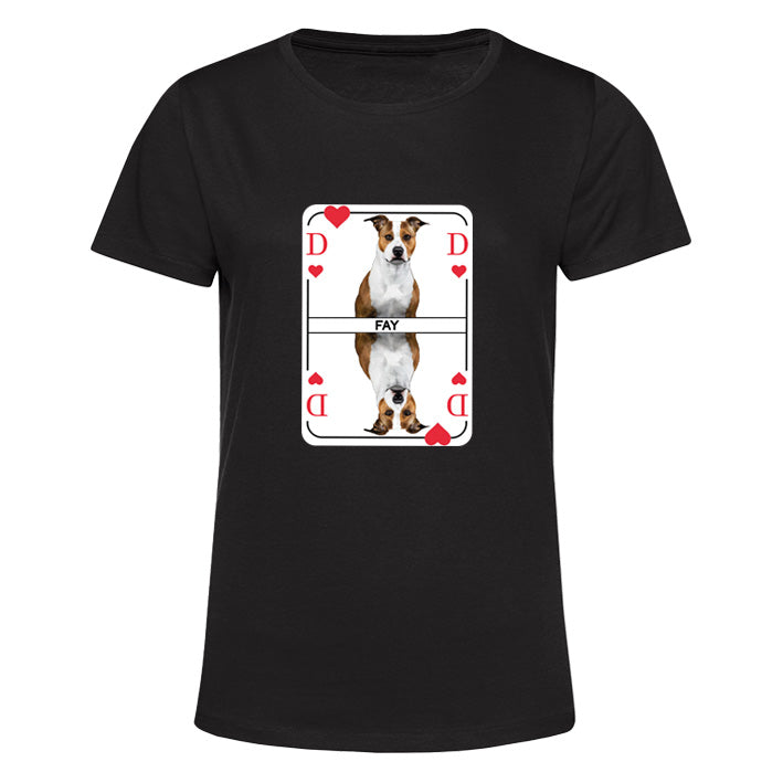 Schwarzes Damen T-Shirt mit Herzdame Spielkarte  Aufdruck auf der Brust personalisierbar mit eigenem Hundebild. Perfekt für Hundemamas.