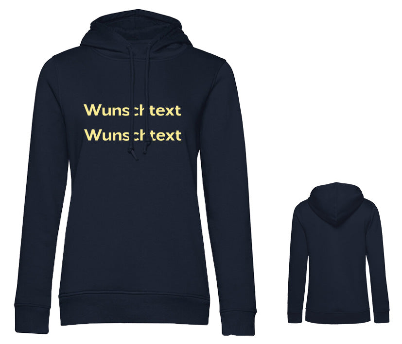 Navyblauer Damen Hoodie mit Wunschtext in Wunschfarbe und Wunschschriftart – eleganter Farbton kombiniert mit personalisierbarem Design