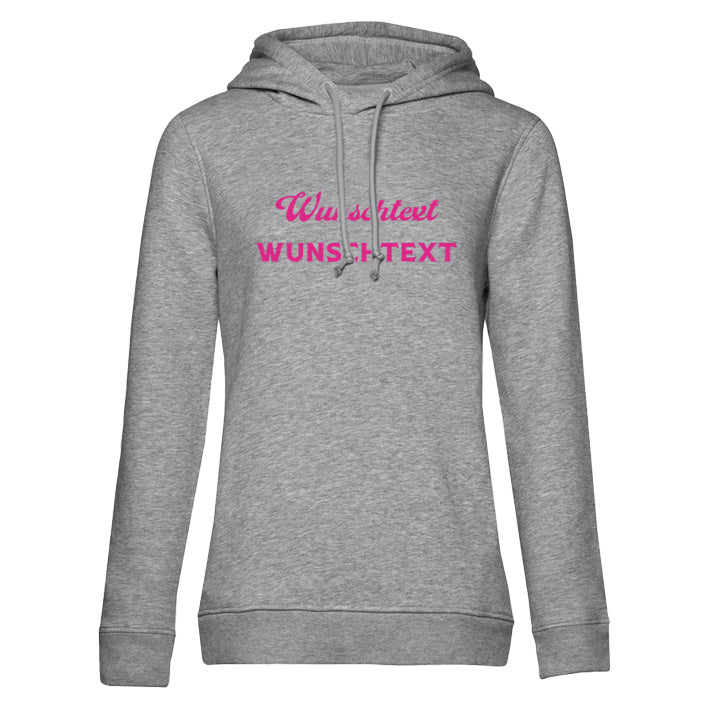 Hellgrauer Damen Hoodie mit Wunschtext in pinker Schrift auf der Brust – femininer Schnitt, individuell gestaltbar in Wunschfarbe und Schriftart.