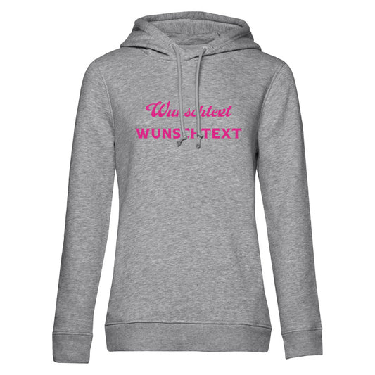 Hellgrauer Damen Hoodie mit Wunschtext in pinker Schrift auf der Brust – femininer Schnitt, individuell gestaltbar in Wunschfarbe und Schriftart.