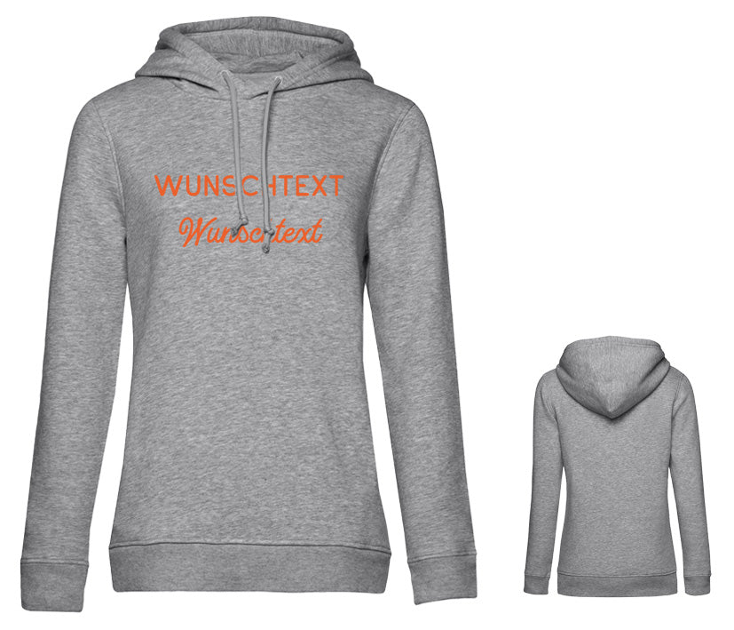 Hellgrauer Damen Hoodie mit Wunschtext – gemütlicher Hoodie im femininen Schnitt zum Personalisieren. Druck in Wunschfarbe und Wunschschrift auf der Brust.