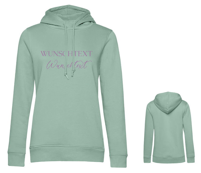 Salbeigrüner Damen Hoodie mit Wunschtext in Wunschfarbe – trendige Farbe, personalisierbar mit eigenem Text und Design auf der Brust 