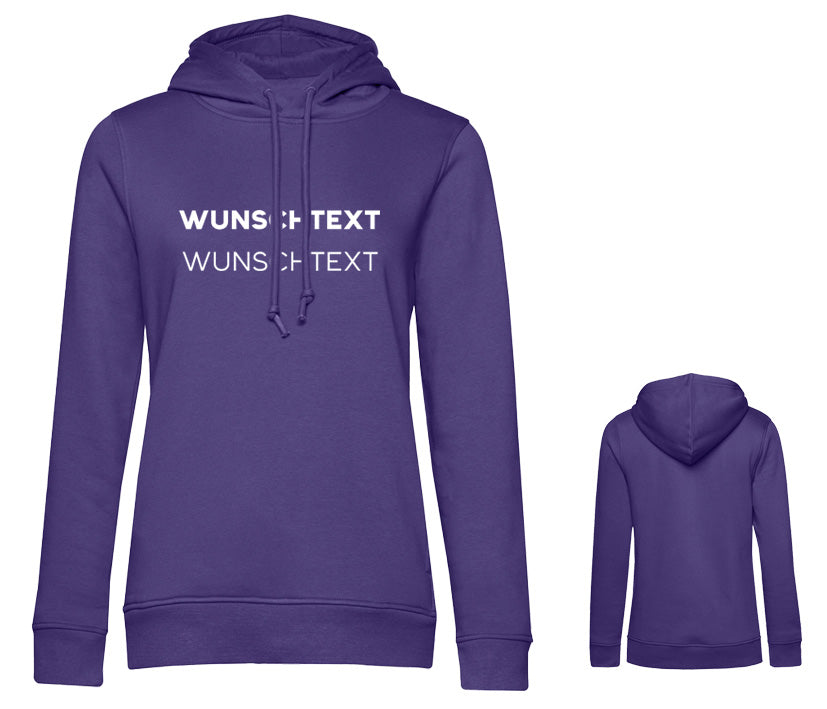 Lila Damen Hoodie mit Wunschtext in Wunschfarbe und Wunschschriftart – femininer Kapuzenpullover individuell gestaltbar mit zweizeiligem Text. Aufdruck auf der Brust.