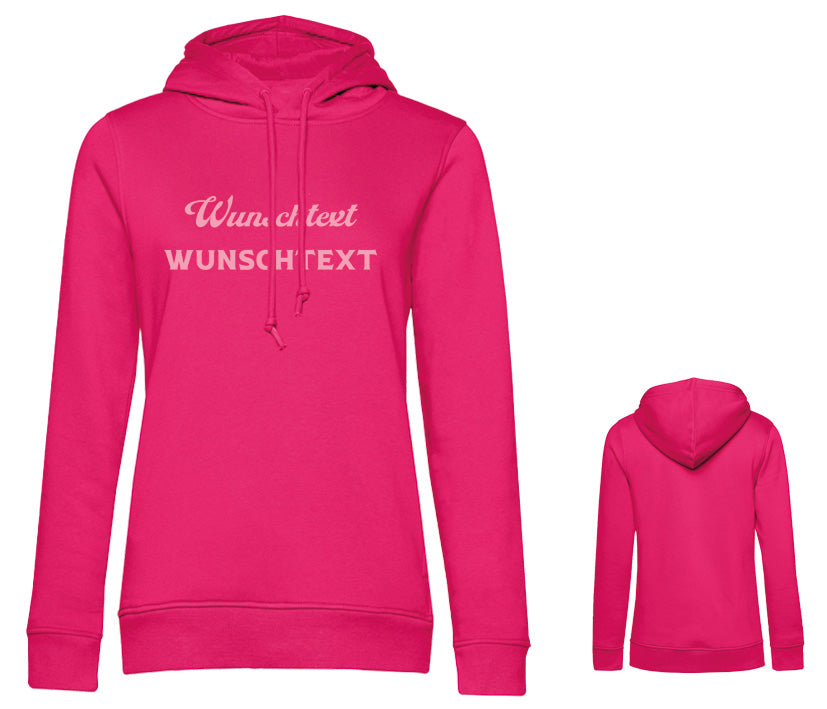 Pinkfarbener Damen Hoodie mit Wunschtext – auffälliger, femininer Style mit individueller Gestaltungsmöglichkeit. Aufdruck auf der Brust in Wunschfarbe und Wunschschriftart möglich.