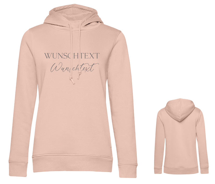 Rosefarbener Damen Hoodie mit Wunschtext – femininer Kapuzenpullover individuell gestaltbar für persönliche Statements. Druck in Wunschfarbe und Wunschschriftart auf der Brust.