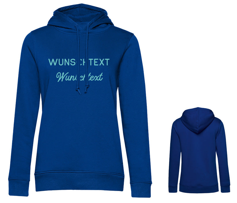 Royalblauer Damen Hoodie mit Wunschtext in Wunschfarbe und Wunschschriftart auf der Brust – kräftige Farbe kombiniert mit personalisierbarem Design.
