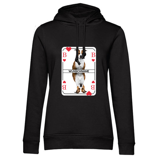 Schwarzer Damen Hoodie mit Herzbube-Spielkarte auf der Brust, individuell personalisierbar mit Hundebild und Namen – gemütlicher Kapuzenpullover für Hundemamas.