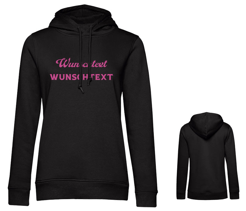 Schwarzer Damen Hoodie mit personalisierbarem Wunschtext – stylisch, vielseitig und individuell bedruckbar auf der Brust.