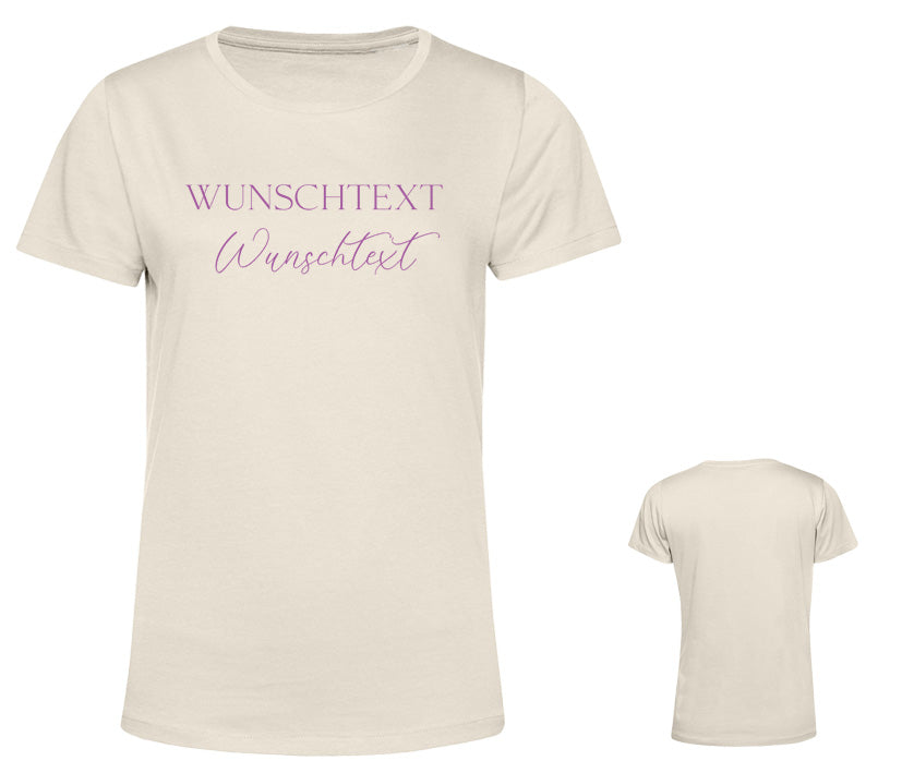 Personalisierbares Damen T-Shirt aus Baumwolle in Beige mit individuellem Text, frei wählbarer Schriftart, Schriftfarbe und optionalem Glitzereffekt. 