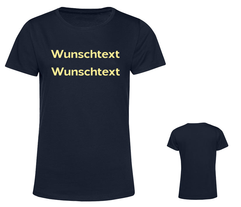 Dunkelblaues Damen T-Shirt mit personalisierbaren Schriftzug über 2 Zeilen, individuell gestaltbar mit eigener Schriftart, Farbe in Glitzeroptik, aus 100 % Baumwolle.