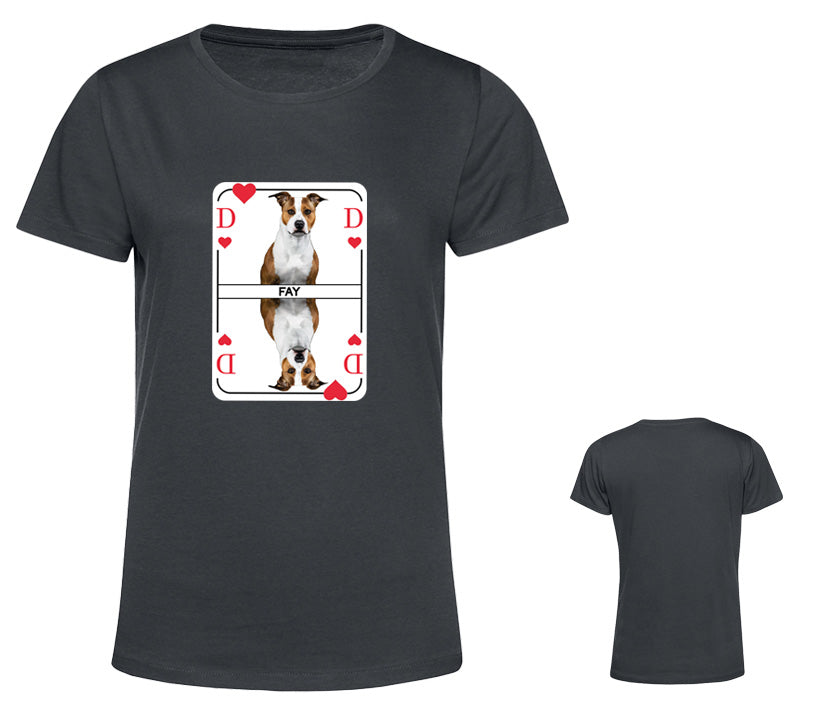 Geschenkidee für Hundemamas – personalisierbares Damen T-Shirt in dundelgrau mit Herzdame Spielkarte auf der Brust. Hundebild personalisierbar 