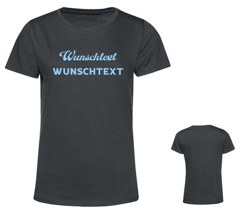 Personalisierbares dunkelgraues Damen T-Shirt in XS bis 3XL, verfügbar in verschiedenen Farben und für individuelle Designs Wunschtext, Schriftfarbe, Schrift und Glitzereffekt wählbar.