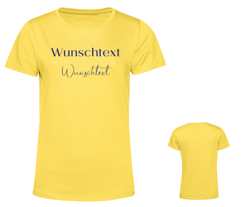 Geschenkidee: Personalisierbares Damen T-Shirt in gelb, Wunschtext zweilig möglich, Schriftfarbe und Schrift wählbar. Optiona kann die Schrift mit Glitzer versehen werden.