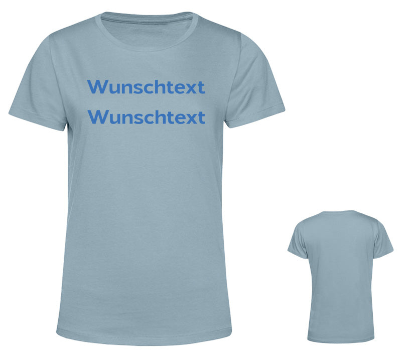 Individuell gestaltbares Damen T-Shirt in hellblau – dein Wunschtext, deine gewählte Schriftart und deine Schriftfarbe setzen ein persönliches Statement.