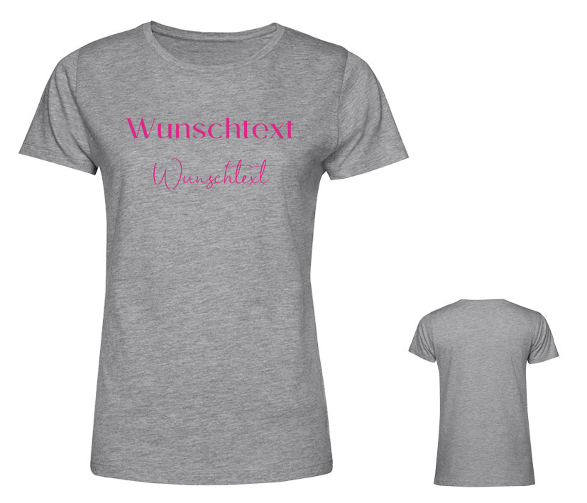 T-Shirts für Frauen in hellgrau mit zweizeiligem Wunschtext, individuell personalisiert mit Glitzereffekt und farbiger Schrift auf Baumwollstoff.