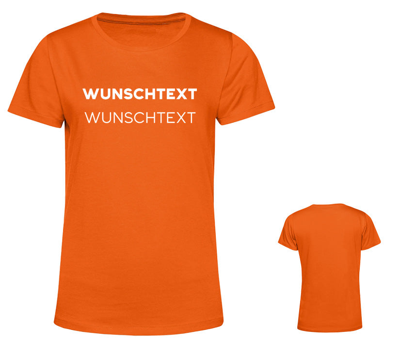 Oranges Damen T-Shirt aus Baumwolle mit modernem Wunschtext-Design, personalisierbar mit eigener Schrift und Farbe und optional Glitzereffekt. Gestalte dein Unikat