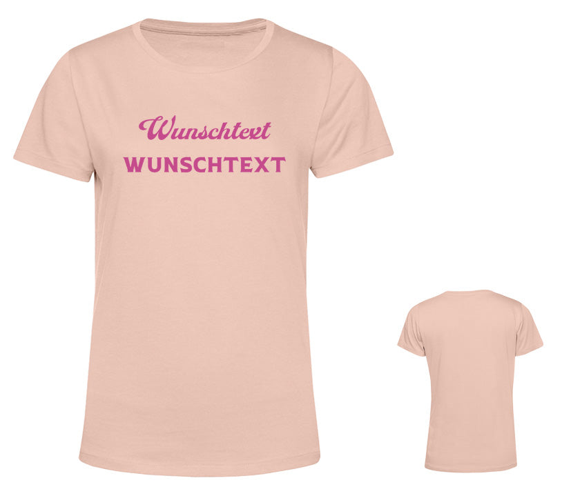 Rosefarbenes Damen T-Shirt mit elegantem Glitzerschriftzug, individuell gestaltbar mit Wunschtext, Schriftart und Farbe – perfektes Unikat.