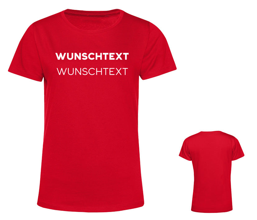 Rotes Damen T-Shirt aus Baumwolle mit modernem Wunschtext-Design, personalisierbar mit eigener Schrift und Farbe sowie optional Glitzereffekt. 