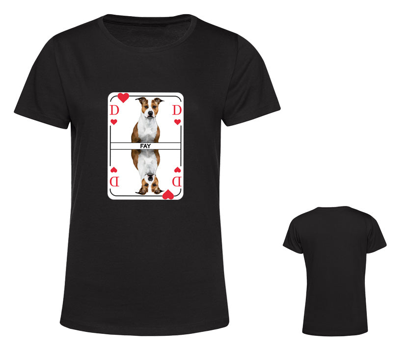 Schwarzes Damen T-Shirt mit Herzdame Spielkarte Aufdruck auf der Brust. Personalisierbar mit Hundebild.