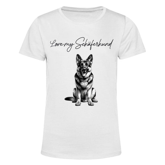 Weißes Damen Baumwoll T-Shirt mit dem Aufdruck "love my Schäferhund" wahlweise in schwarz oder weiß und eine gedruckte Bleistiftzeichnung eines Schäferhundes. ein besonderes Geschenk für Schäferhund-Mamas