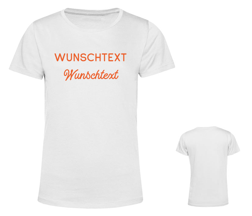 Farbauswahl für personalisierbare Damen T-Shirts: verschiedene Töne von klassisch bis bunt – individuell gestaltbar mit Text und Glitzereffekt. Auf dem Bild hier, ist ein weißes DAmen T-Shirt mit orangefarbenem Wunschtext Aufdruck. 
