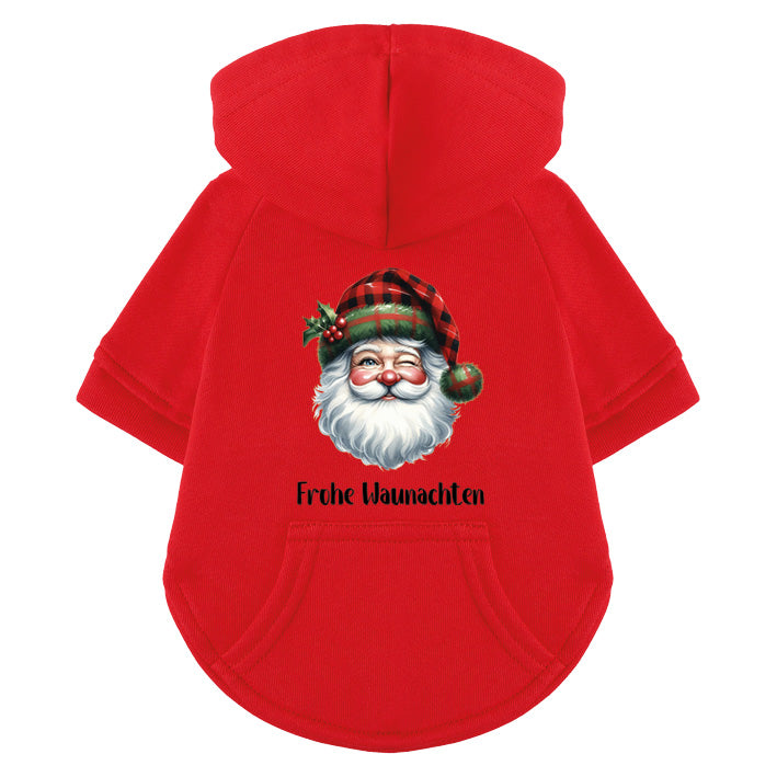Roter Hunde-Hoodie mit Nikolaus-Gesicht auf dem Rücken aus 100 % Baumwolle – festlicher Weihnachts-Hoodie für Hunde